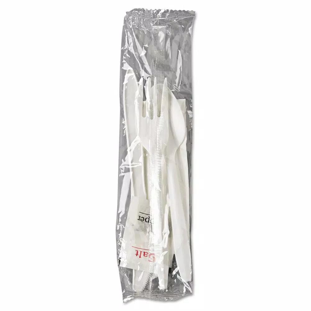 GEN White Plastic Wrapped Cutlery Kit with Napkin, Salt & Pepper - 250 Count