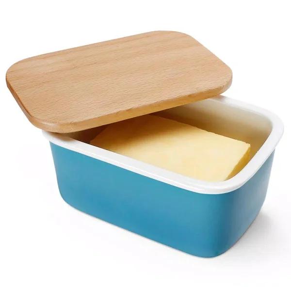 Sweese Large Porcelain Butter Dish with Beech Wood Lid, Steel Blue