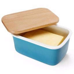 Sweese Large Porcelain Butter Dish with Beech Wood Lid, Steel Blue thumbnail 1