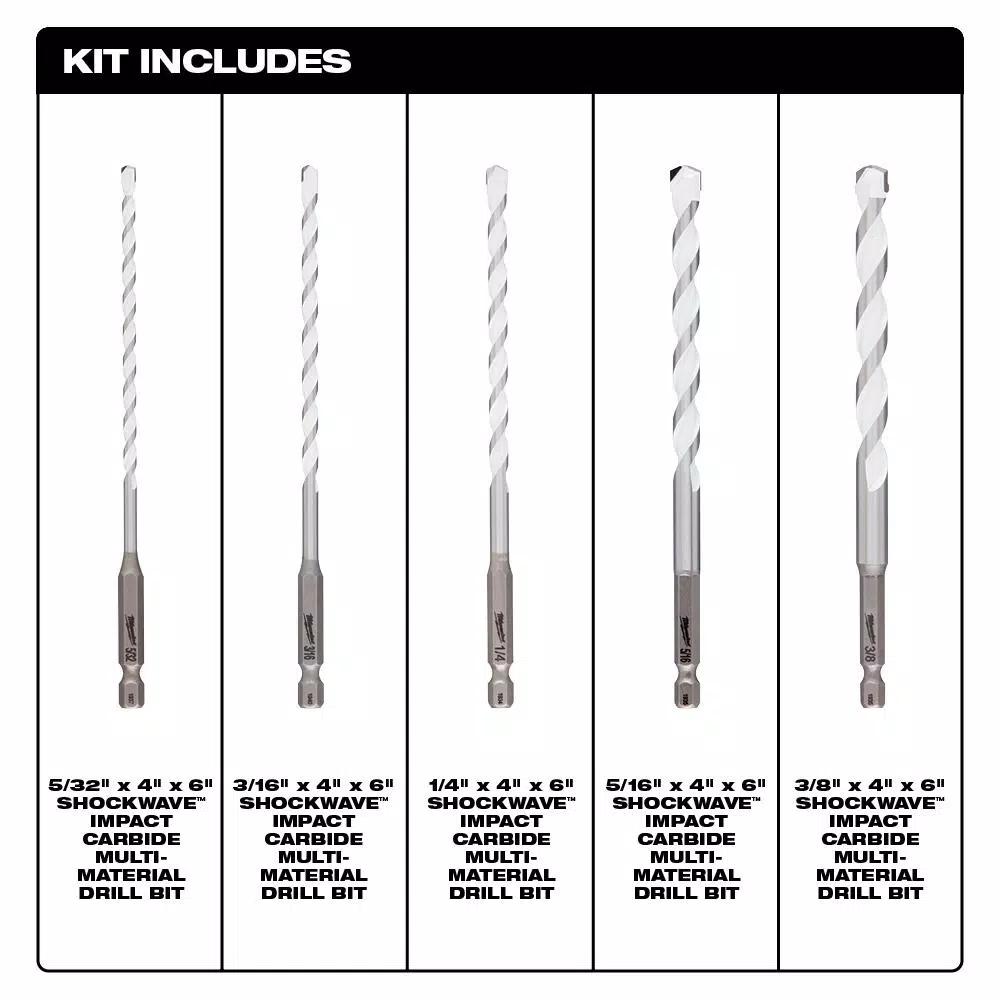 Milwaukee SHOCKWAVE Carbide Multi-Material Drill Bits Set, 5-Piece