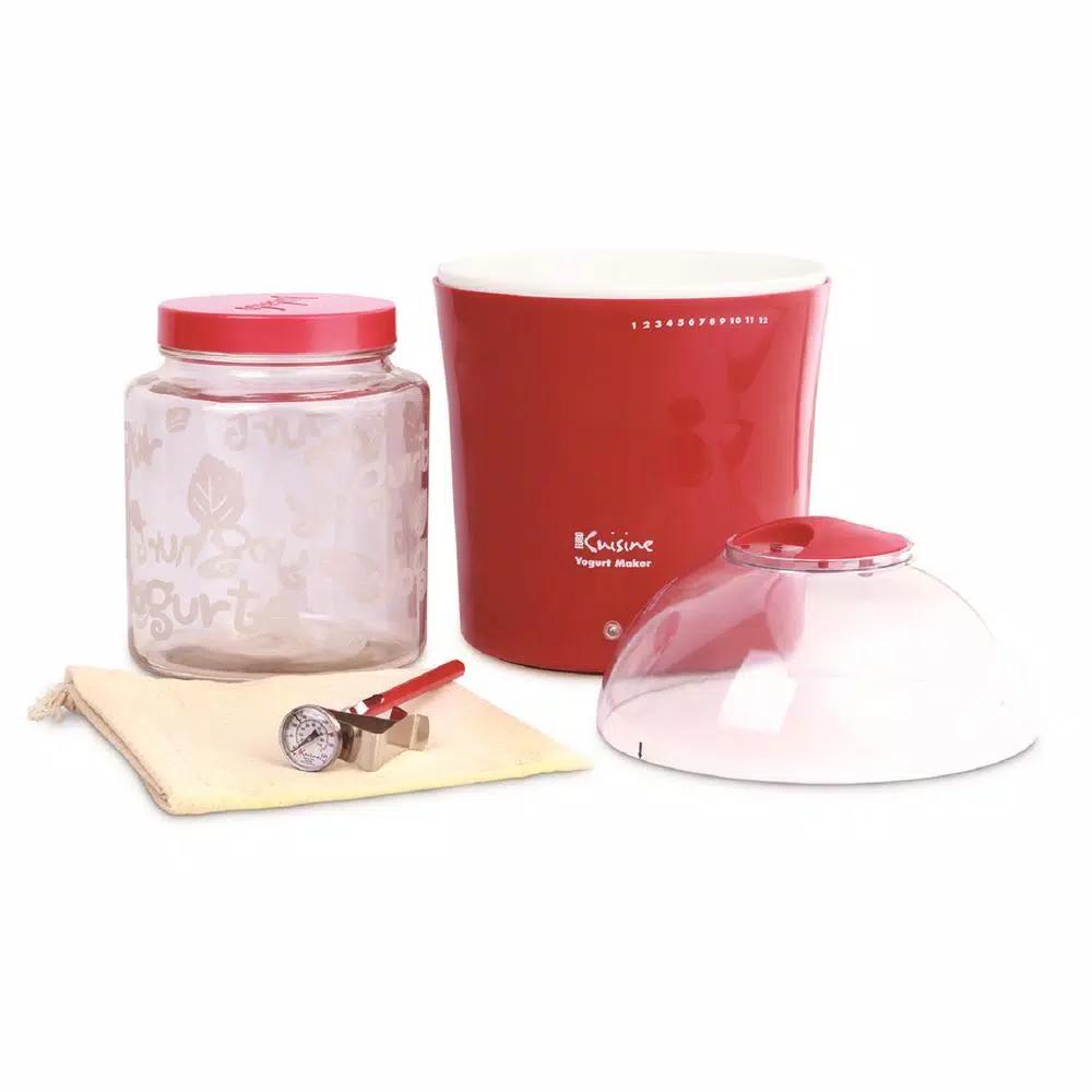 Euro Cuisine 2 Qt. Yogurt Maker with Glass Jar, Stainless Steel Thermometer, and Greek Yogurt Cotton Bag - Red