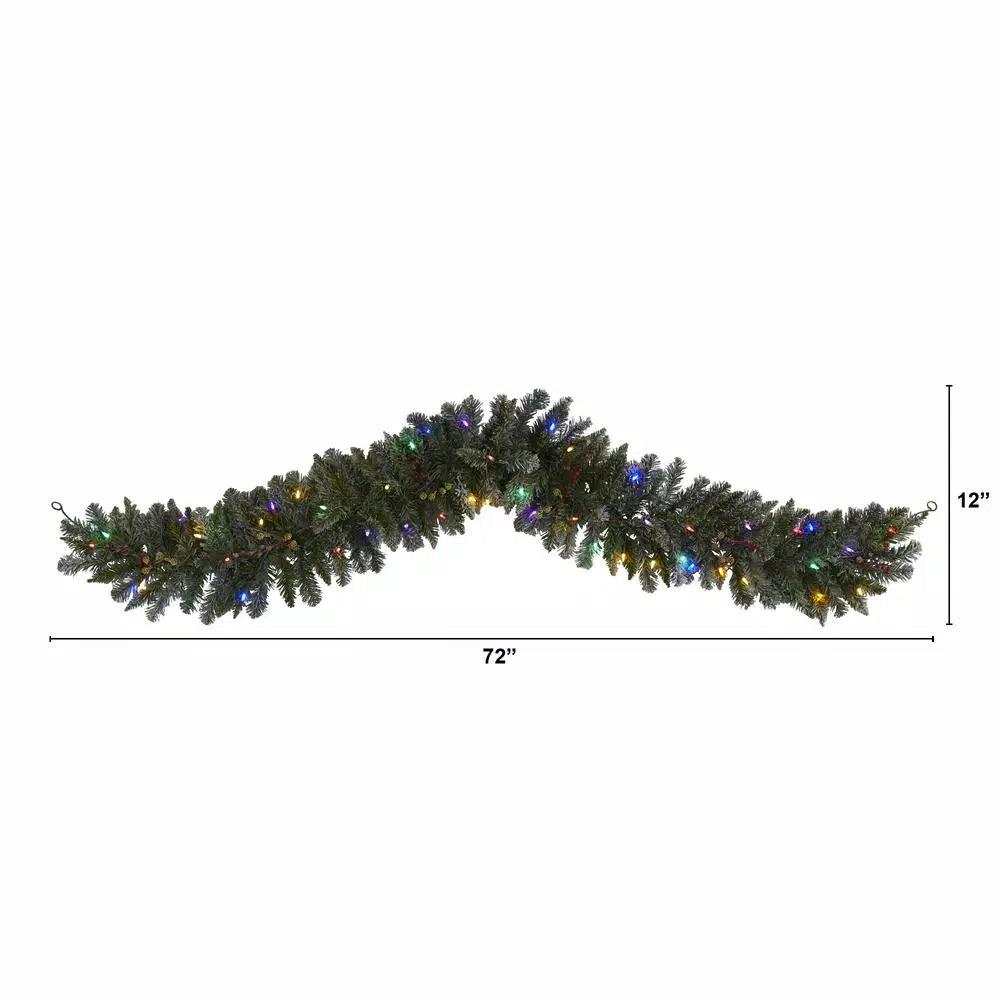 Nearly Natural 6 ft. Pre-Lit Flocked Artificial Christmas Pine Garland with 50 Multi-Colored LED Lights and Berries
