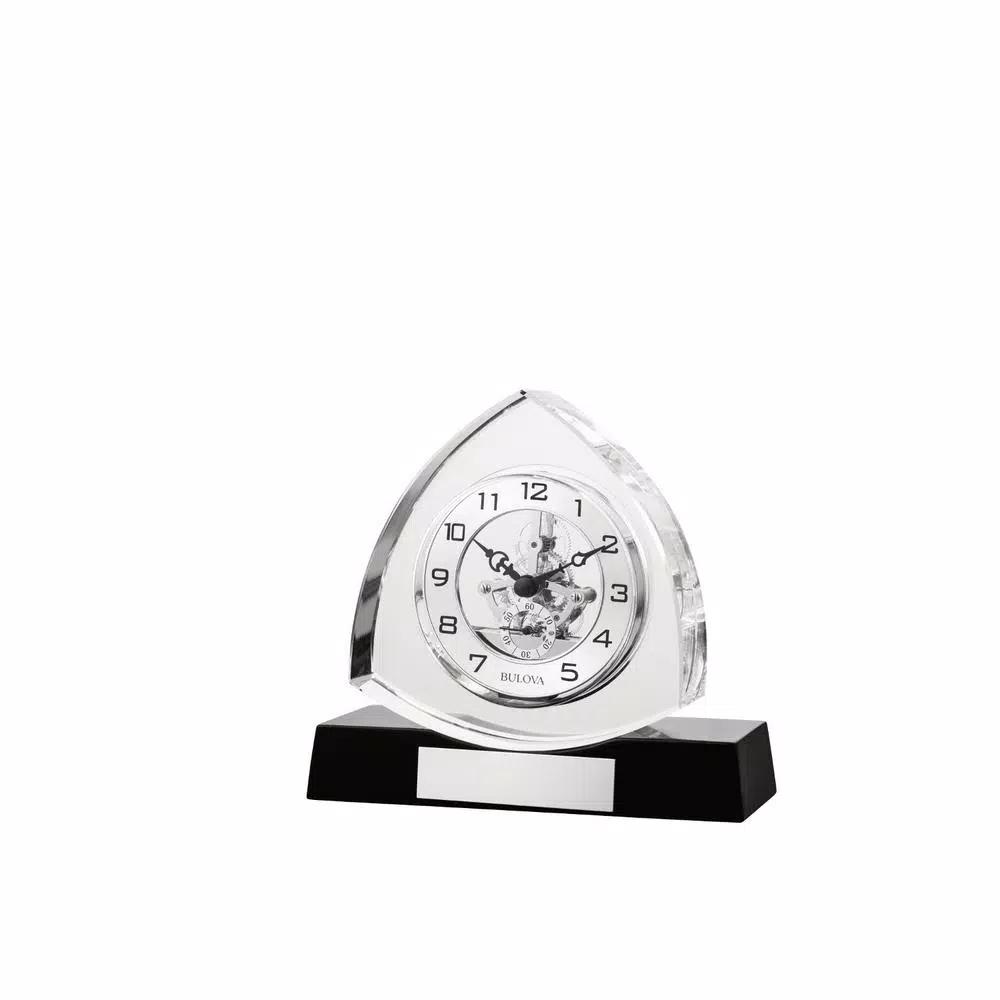 Bulova Trident K-9 Crystal Table Clock with Ebony Gloss Hardwood Base and Polished Chrome Skeleton Movement