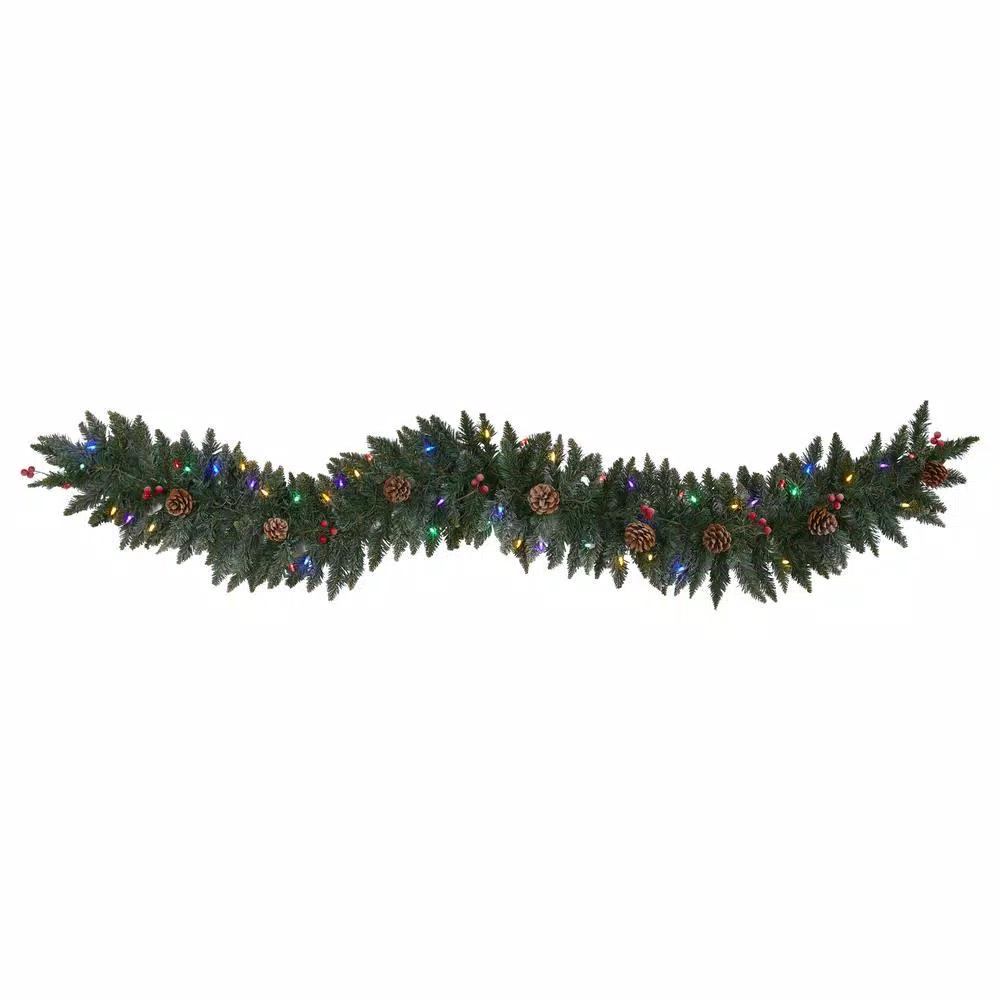 Nearly Natural 6 ft. Pre-Lit Snow Dusted Artificial Christmas Garland with 50 Multi-Color LED Lights