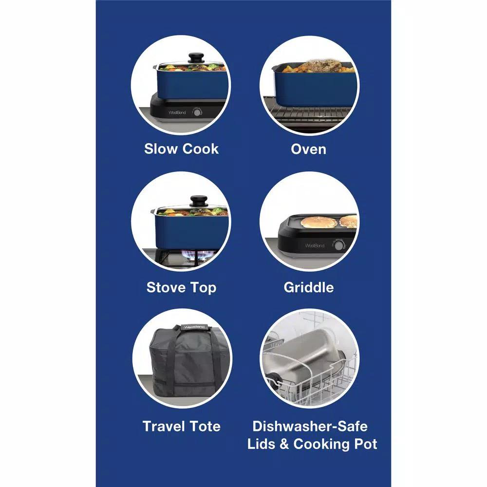 West Bend 5 Qt. Blue Non-Stick Versatility Slow Cooker with Griddle Base, Travel Lid and Thermal Tote