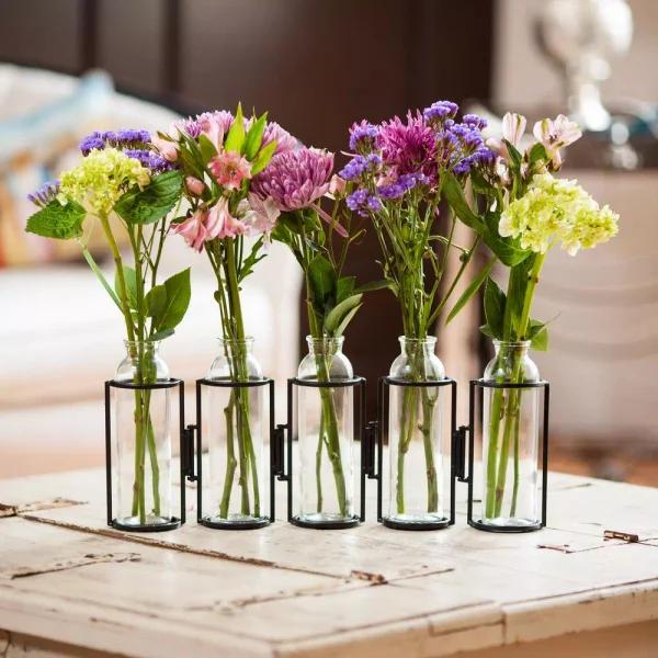 Danya B. 8 in. Hinged 5-Bottle Vase, Black Iron and Clear Glass