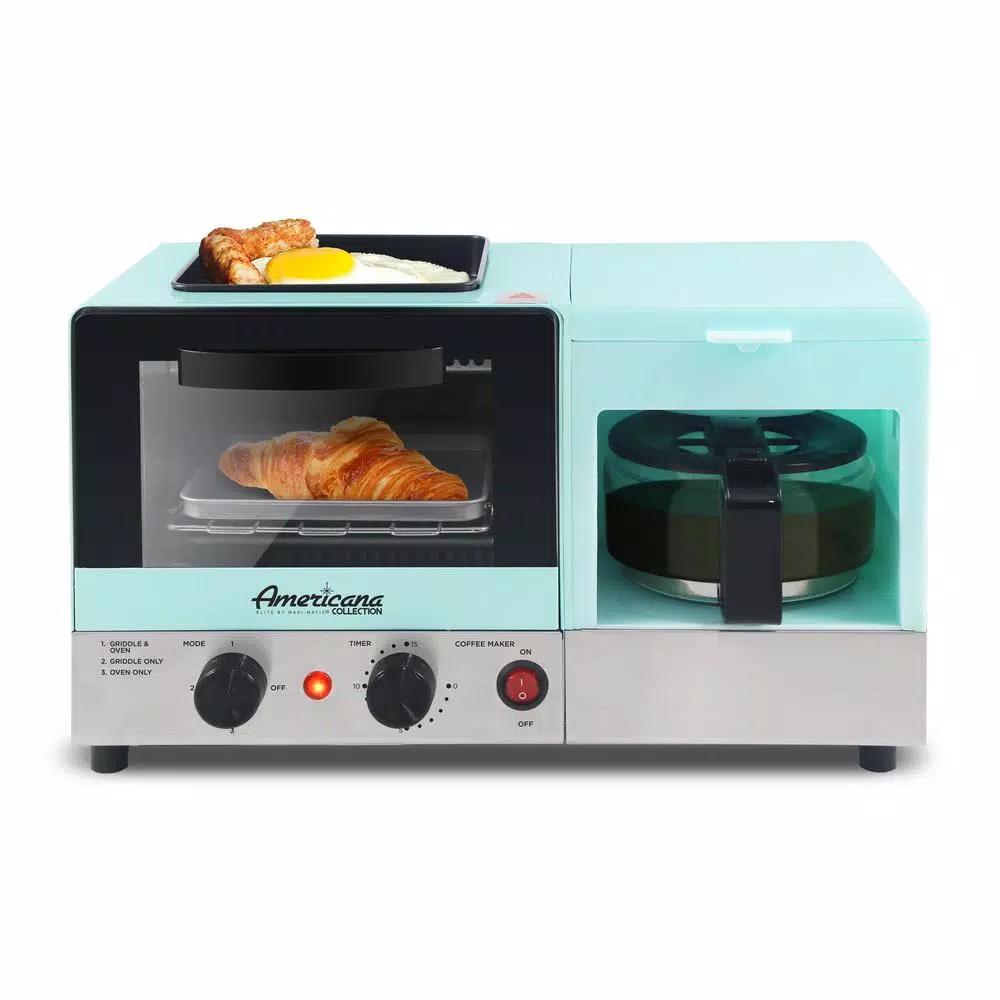 Americana 3-in-1 Breakfast Center - 2-Slice Toaster Oven, 4-Cup Coffee Maker & Griddle, Blue