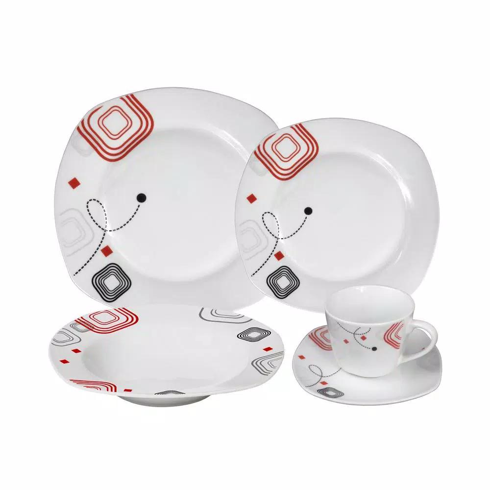 Lorren Home Trends 20-Piece Square Porcelain Dinnerware Set, Service for 4, Shiny Finish with Geometric Design