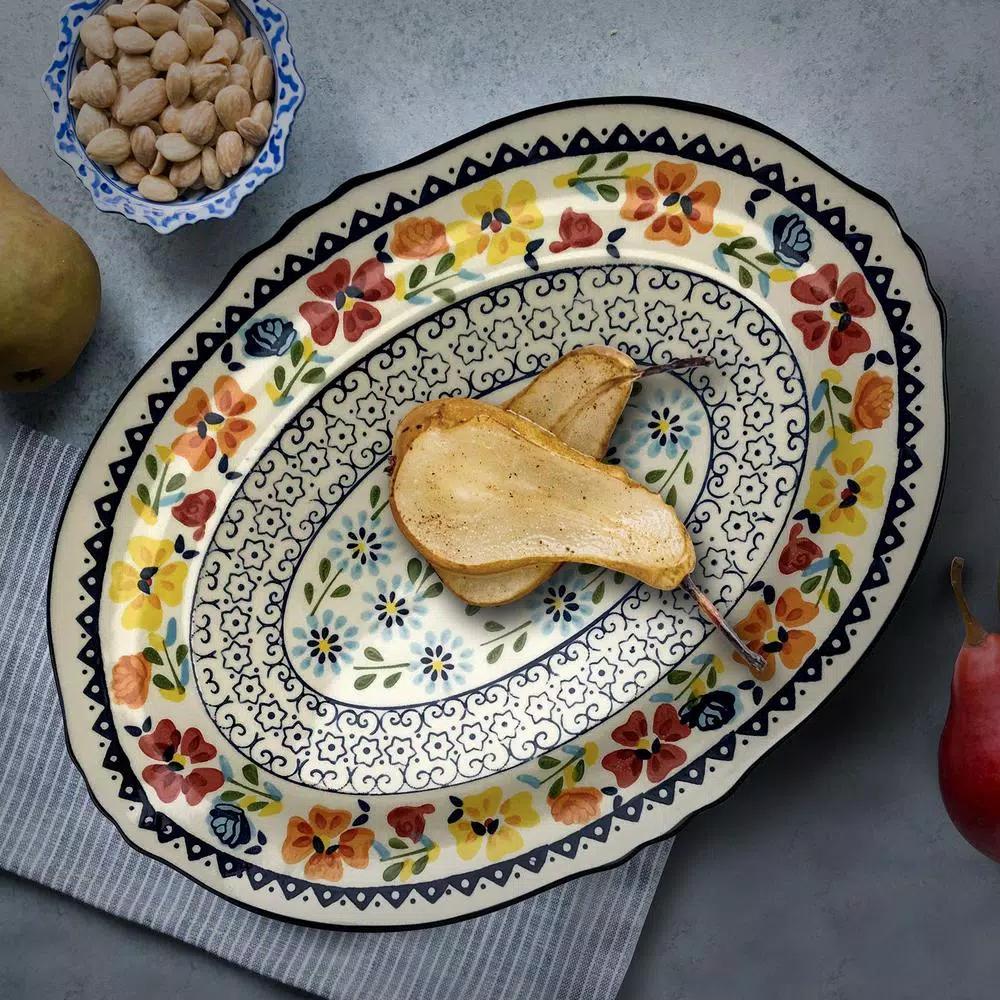 GIBSON elite Luxembourg 14 in. Multicolored Hand Painted Stoneware Oval Serving Platter
