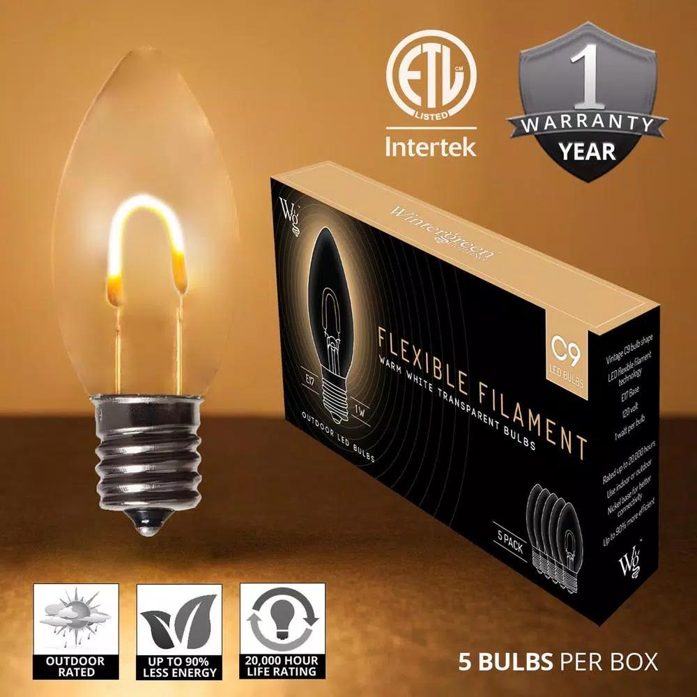 Wintergreen Lighting FlexFilament C9 LED Shatterproof Warm White Vintage Edison Replacement Bulbs (5-Pack)