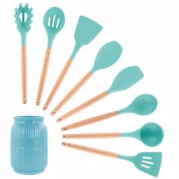 MegaChef 9-Piece Light Teal Silicone and Wood Kitchen Utensil Set thumbnail 1