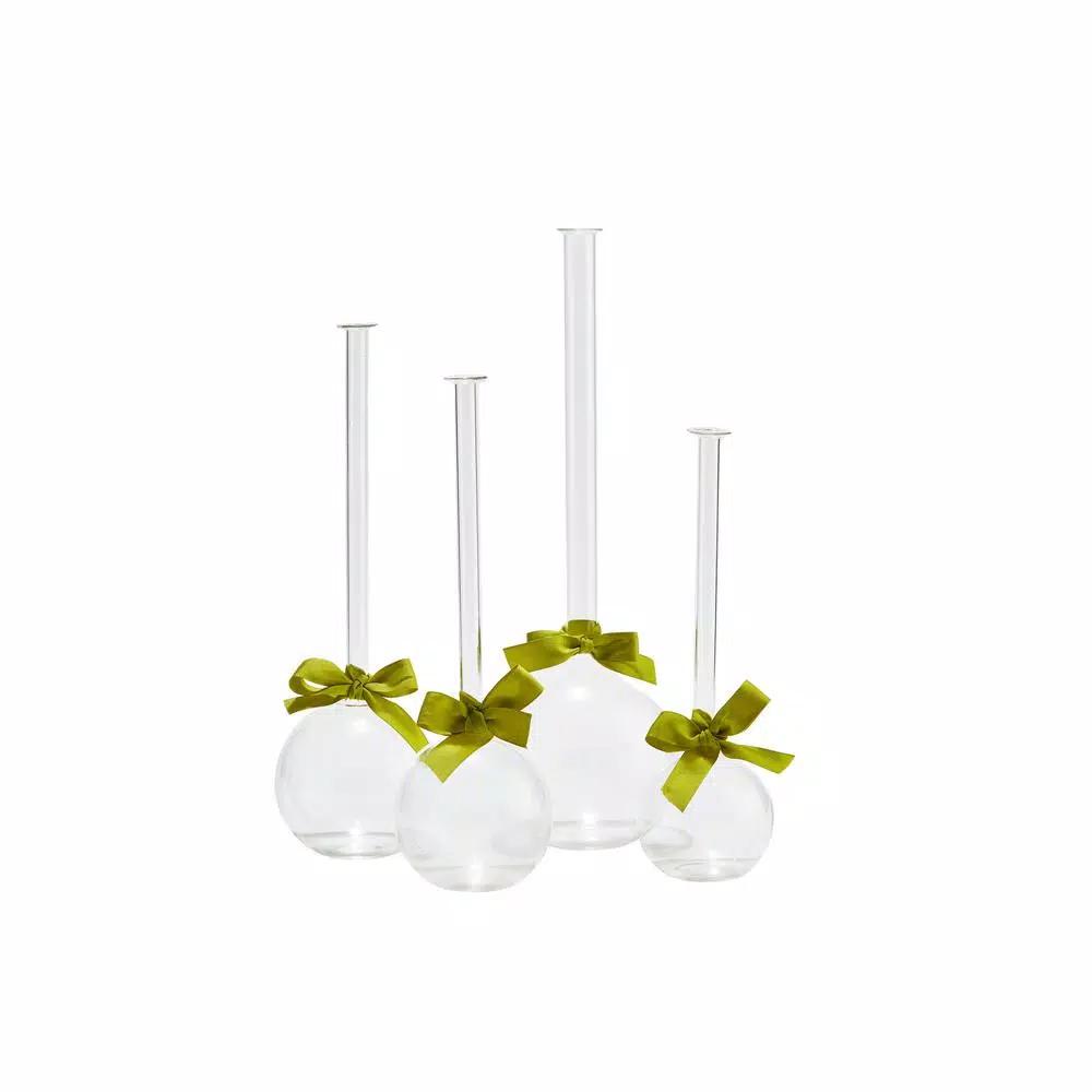 Two's Company Hand-Blown Glass Cylinder Vase Set with Sage Green Ribbon, 4-Piece Assorted Sizes