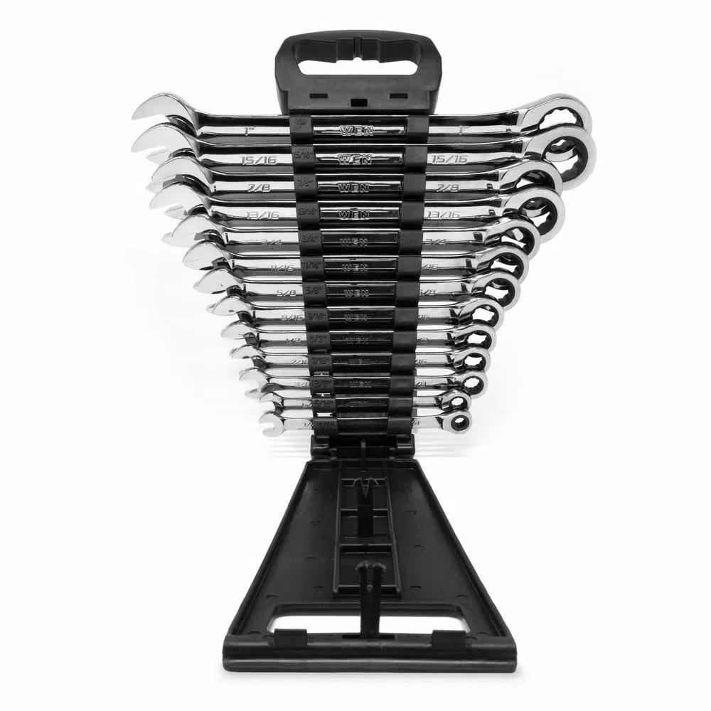 WEN 13-Piece Professional SAE Ratcheting Combination Wrench Set with Storage Rack