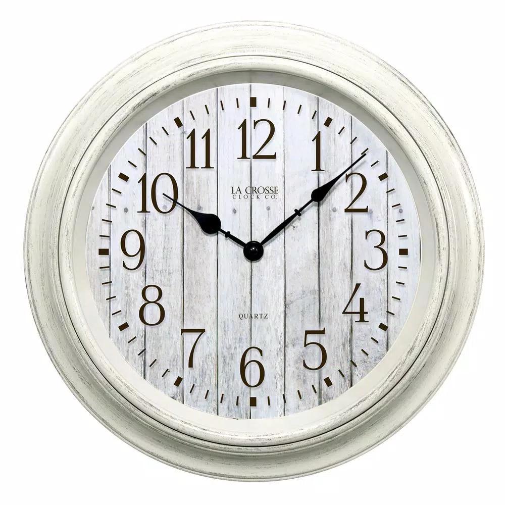 La Crosse Technology 14 in. Round White Distressed Barn Wood Style Wall Clock with Quartz Movement