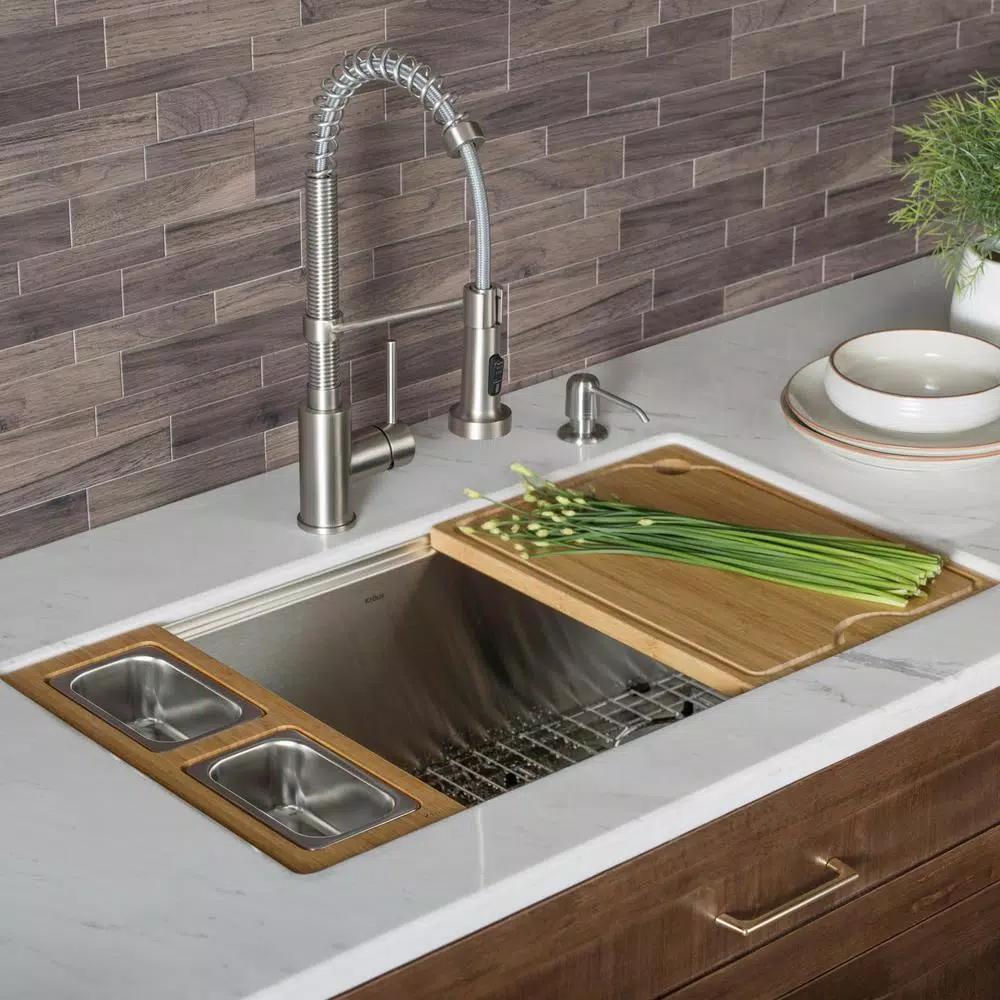 Kraus Workstation Kitchen Sink Bamboo Serving Board Set with 2 Stainless Steel Prep Bowls