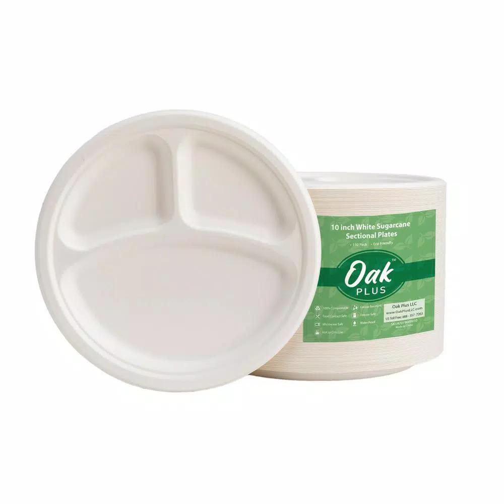 Unbranded 10 in. White Sugarcane Sectional Plates, 3-Compartment, 300 Pack