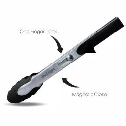 Chefright 9 in. Brushed Stainless Steel Magnetic Locking Tongs with Soft Rubber Grips (Set of 3) thumbnail 2