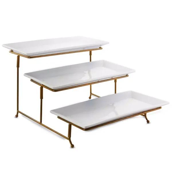 GIBSON elite Gracious Dining 3-Tier Rectangular Porcelain Serving Plate Set with Gold Metal Stand