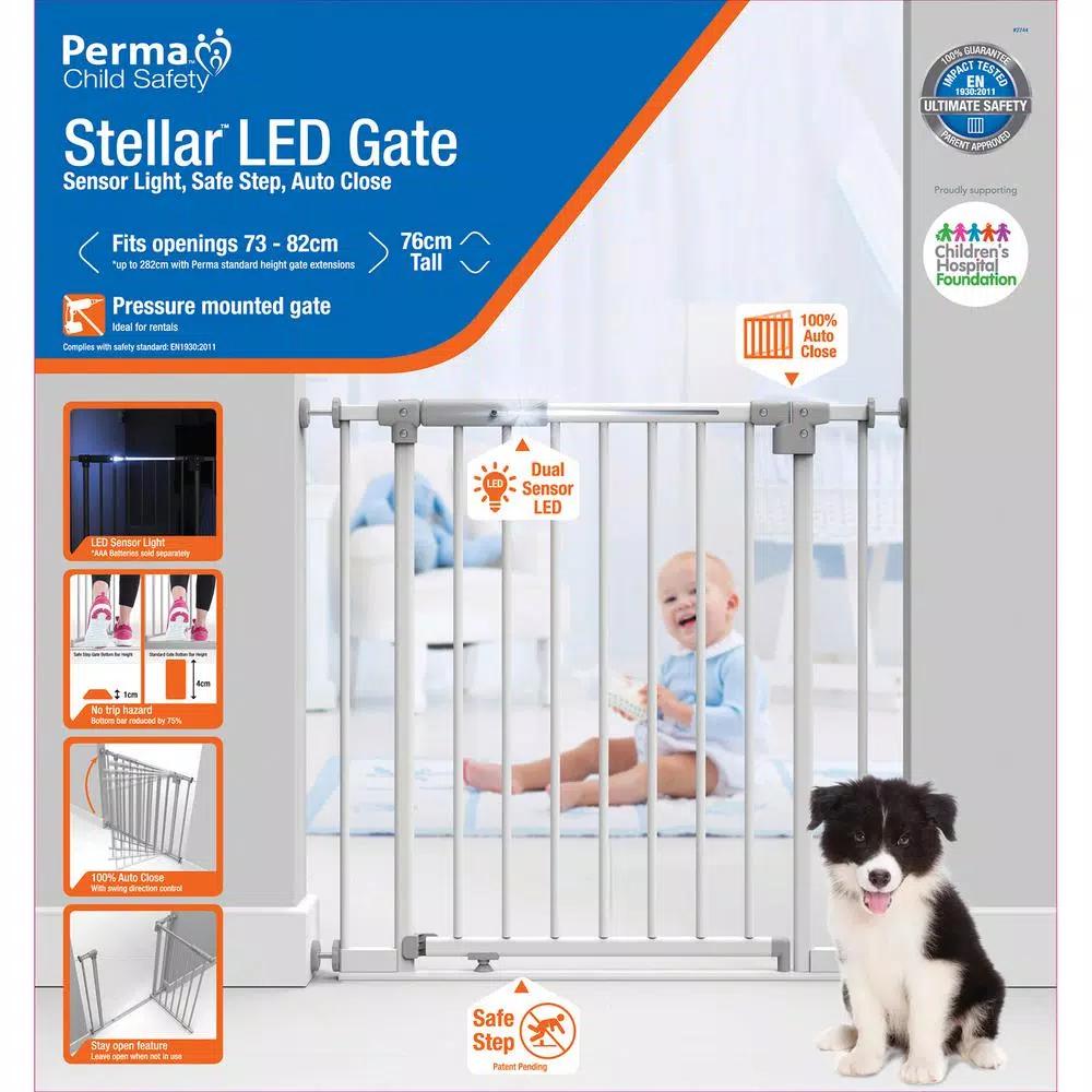 Perma Child Safety Stellar LED Baby Gate, 30 in. H Pressure Mounted Auto-Close Gate with Safe Step Bar