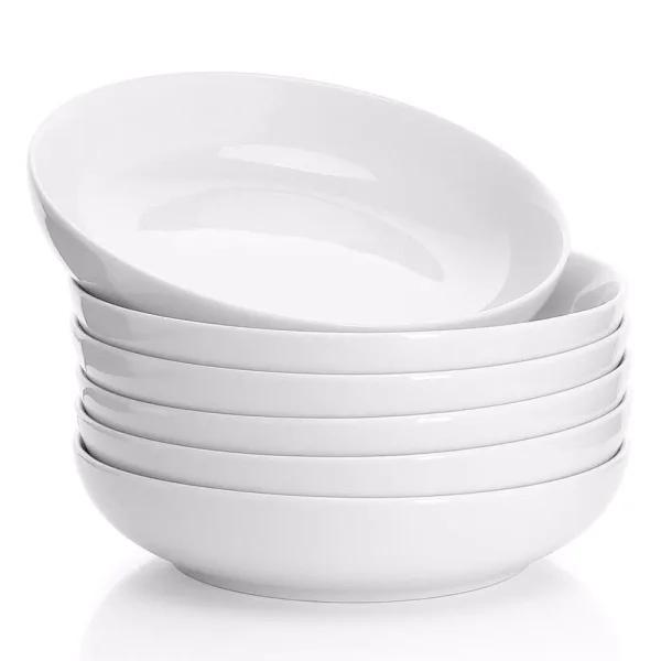 Sweese Porcelain Pasta Bowls, 22 oz Shallow Salad Bowls, Set of 6, White