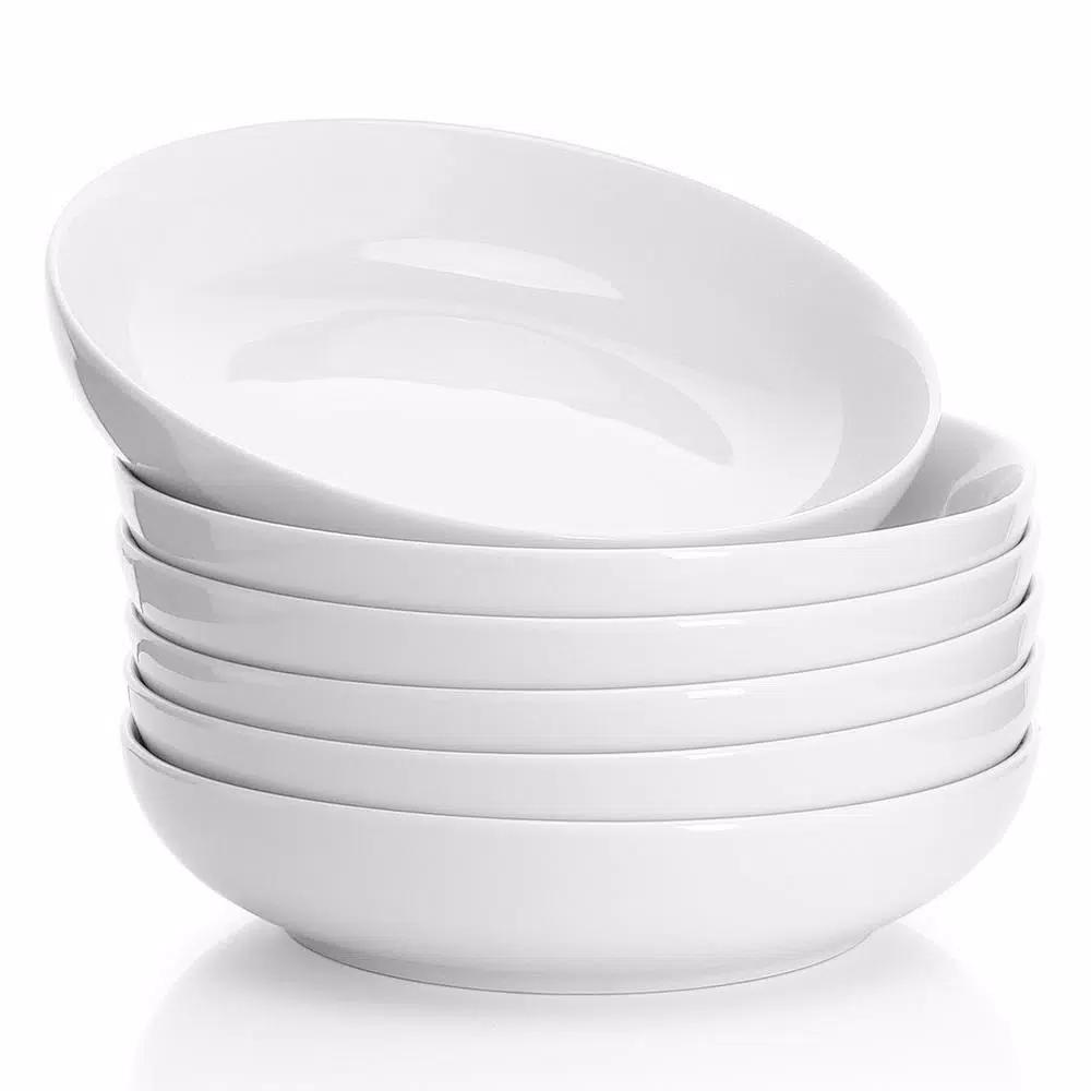 Sweese Porcelain Pasta Bowls, 22 oz Shallow Salad Bowls, Set of 6, White