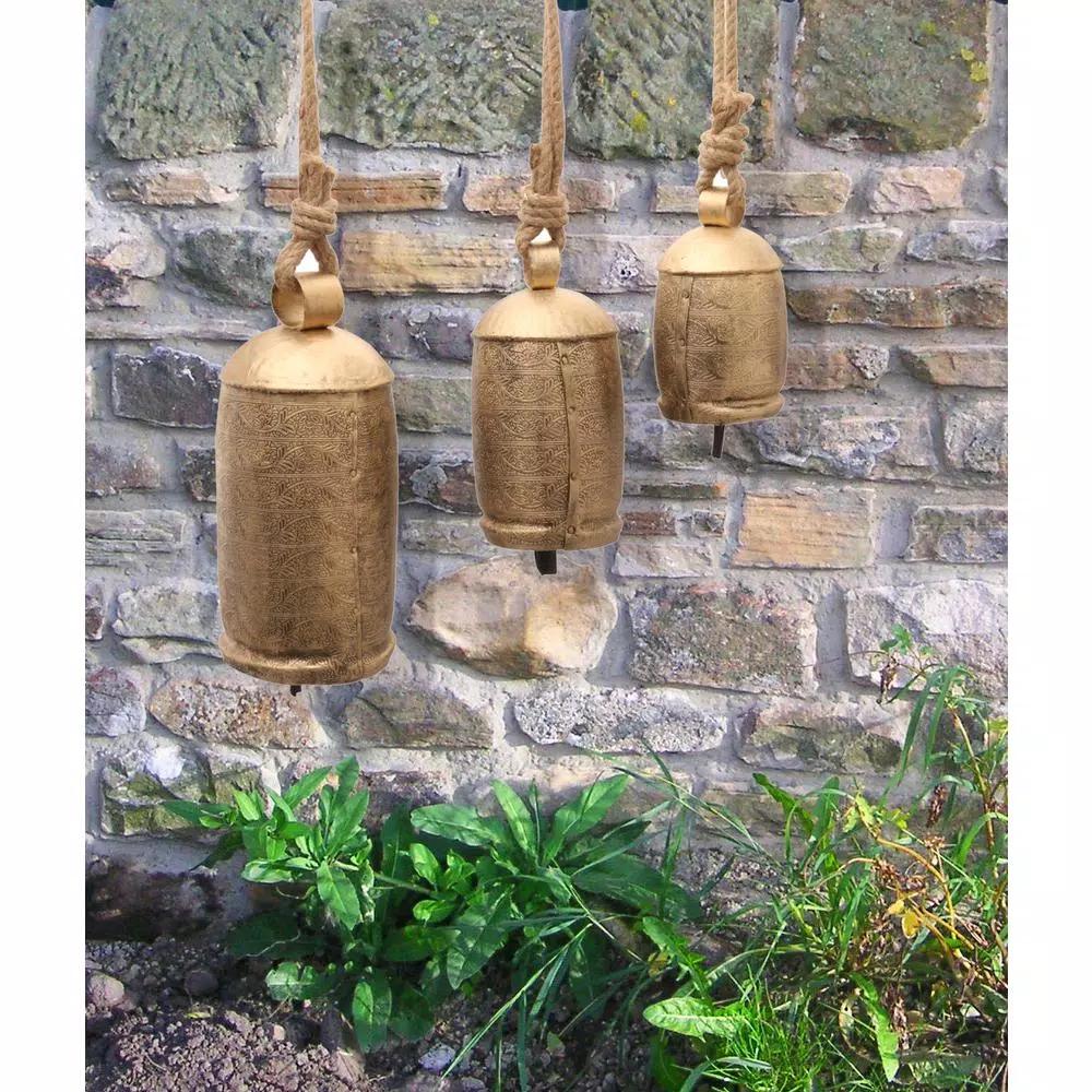 Benzara Gold 3-Piece Metal Animal Harmony Bell Set with Floral Embossed Design and Hanging Rope