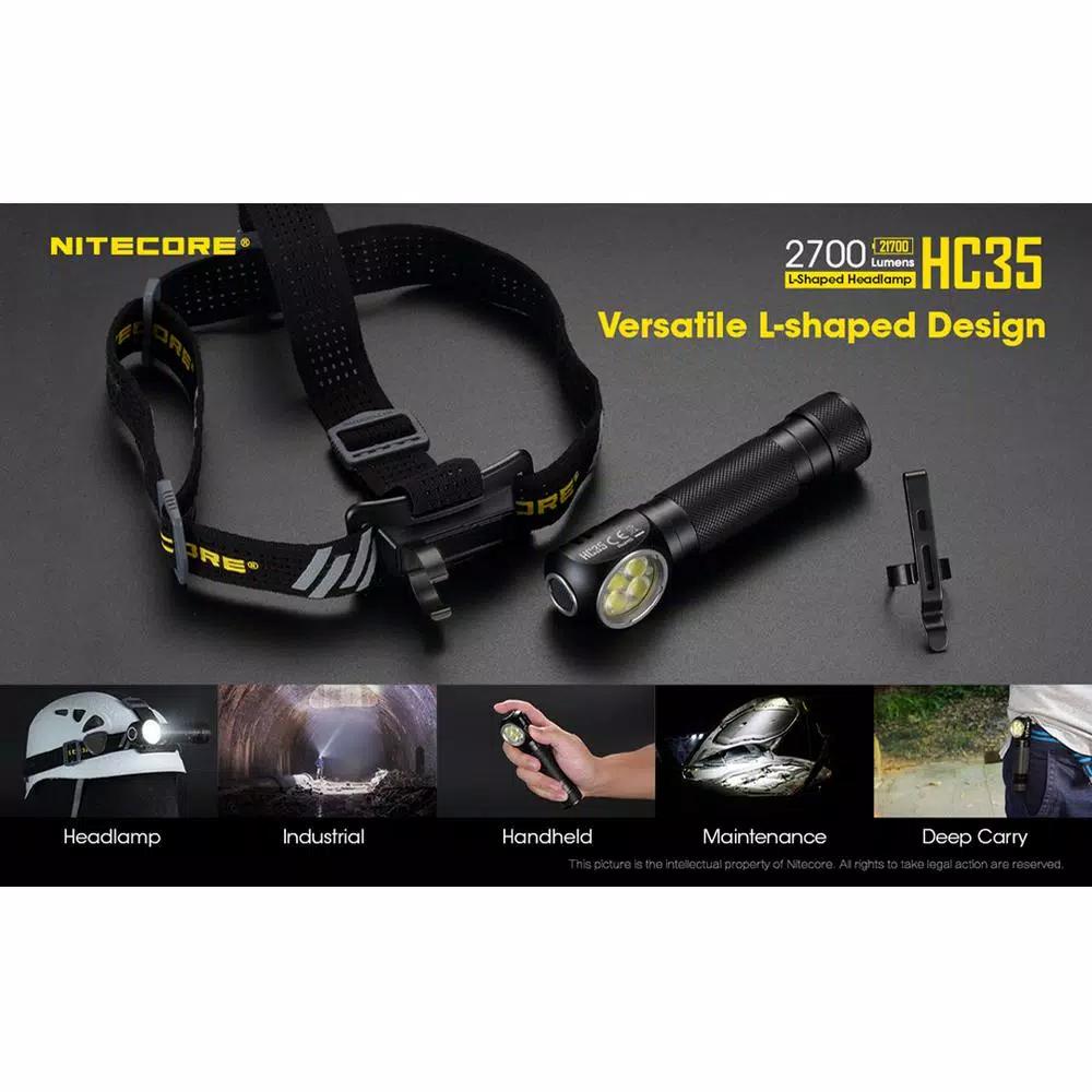 NITECORE HC35 L-Shaped Rechargeable LED Headlamp, 2700 Lumens, Wide Angle Beam