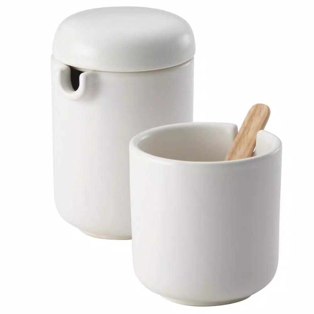 BonJour 5-Piece Ceramic Teapot Set with Teak Wood Accents, Matte White