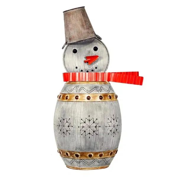 Alpine Corporation 30 in. Weathered Metal Barrel Snowman Sculpture with Warm White LED Lights