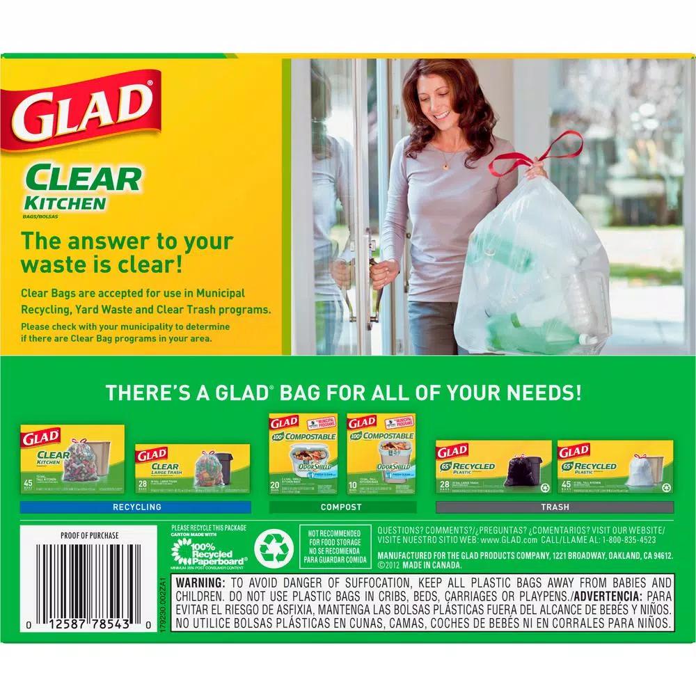 Glad 13 Gallon Tall Kitchen Clear Drawstring Recycling Bags, 45 Count