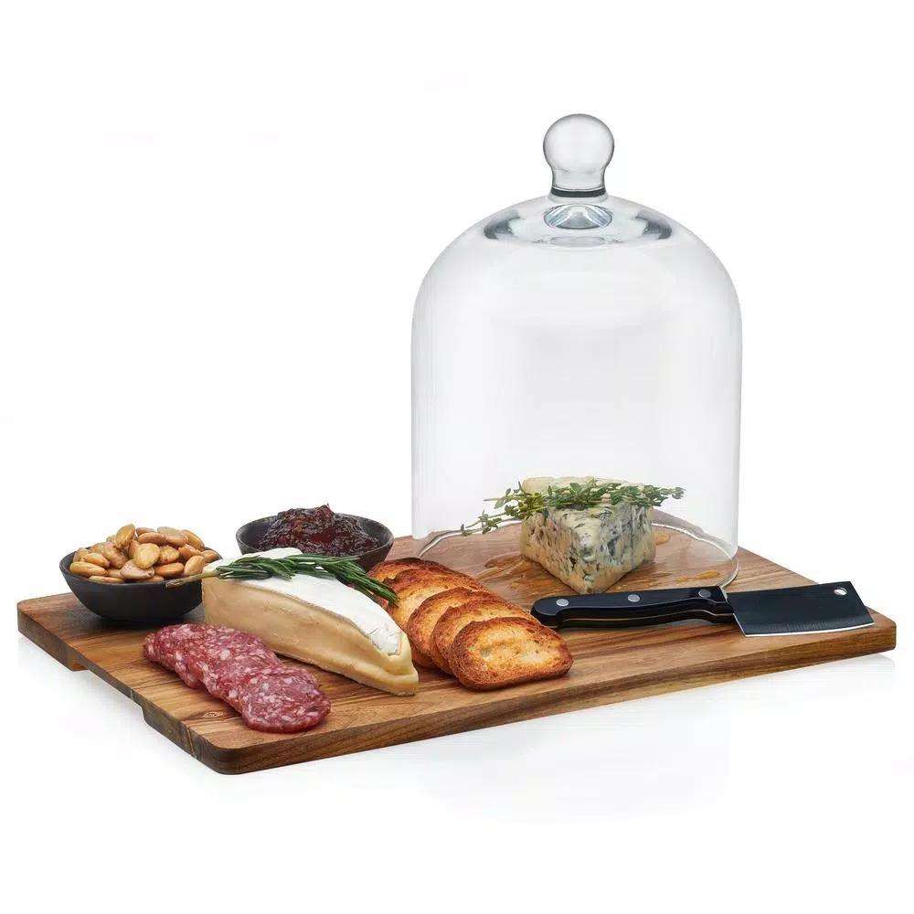 Libbey Acaciawood 5-Piece Cheese Board Serving Set with Glass Dome and Ceramic Bowls