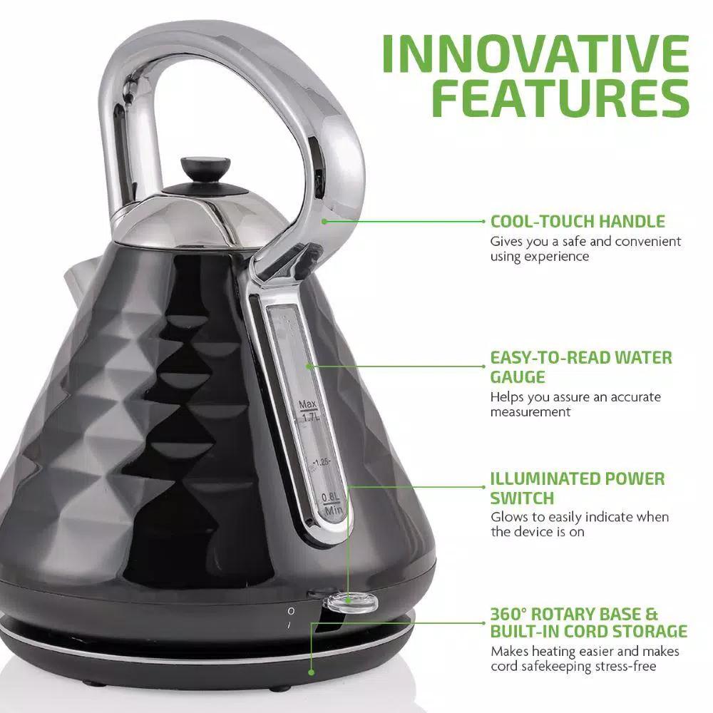 Ovente Cleo Collection 1.7L Electric Kettle, 1500W Stainless Steel Tea Kettle with Auto Shut-Off, Black
