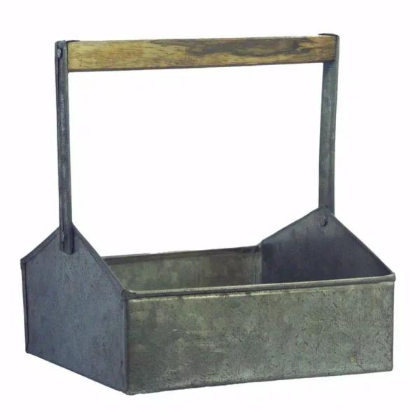 Benzara Gray Galvanized Metal Beverage Napkin Caddy Organizer with Wooden Handle