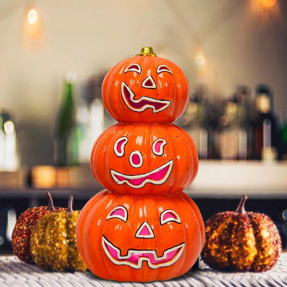 Costway 11 in. Orange Ceramic LED Halloween Pumpkin Lantern, Battery Powered Tabletop Decor