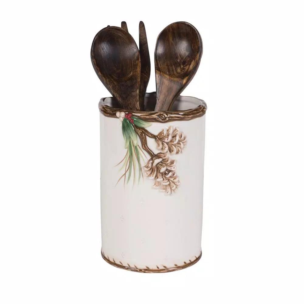 FITZ and FLOYD Forest Frost Ceramic Earthenware Utensil Holder - Winter Pine and Berry Design