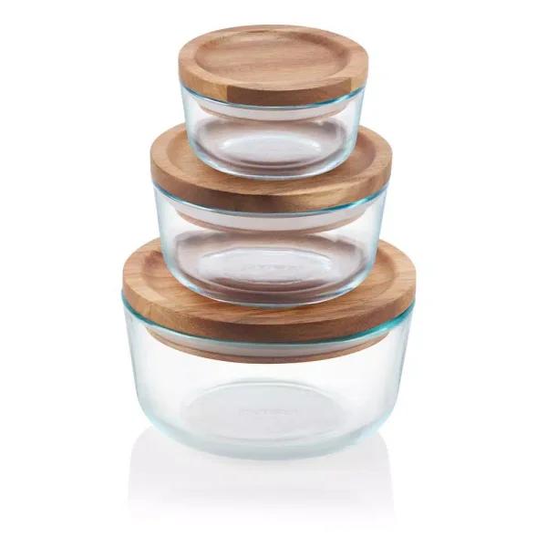 Pyrex Simply Store 6-Piece Pyrex Glass Food Storage Container Set with Acacia Wood Lids