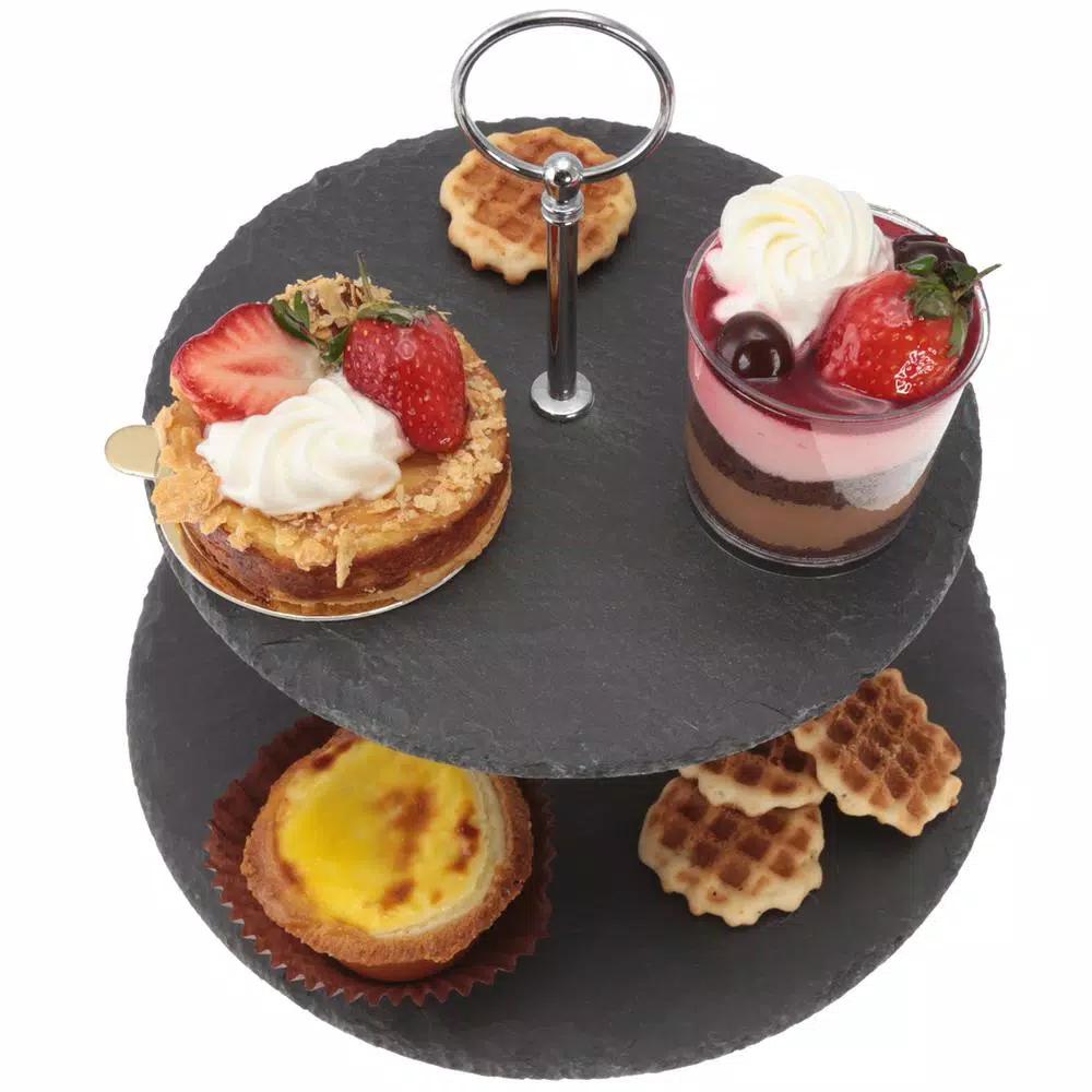 Creative Home 2-Tier Natural Black Slate Cake Stand with Zinc Alloy Handles - 12 inch Round Dessert Serving Tray