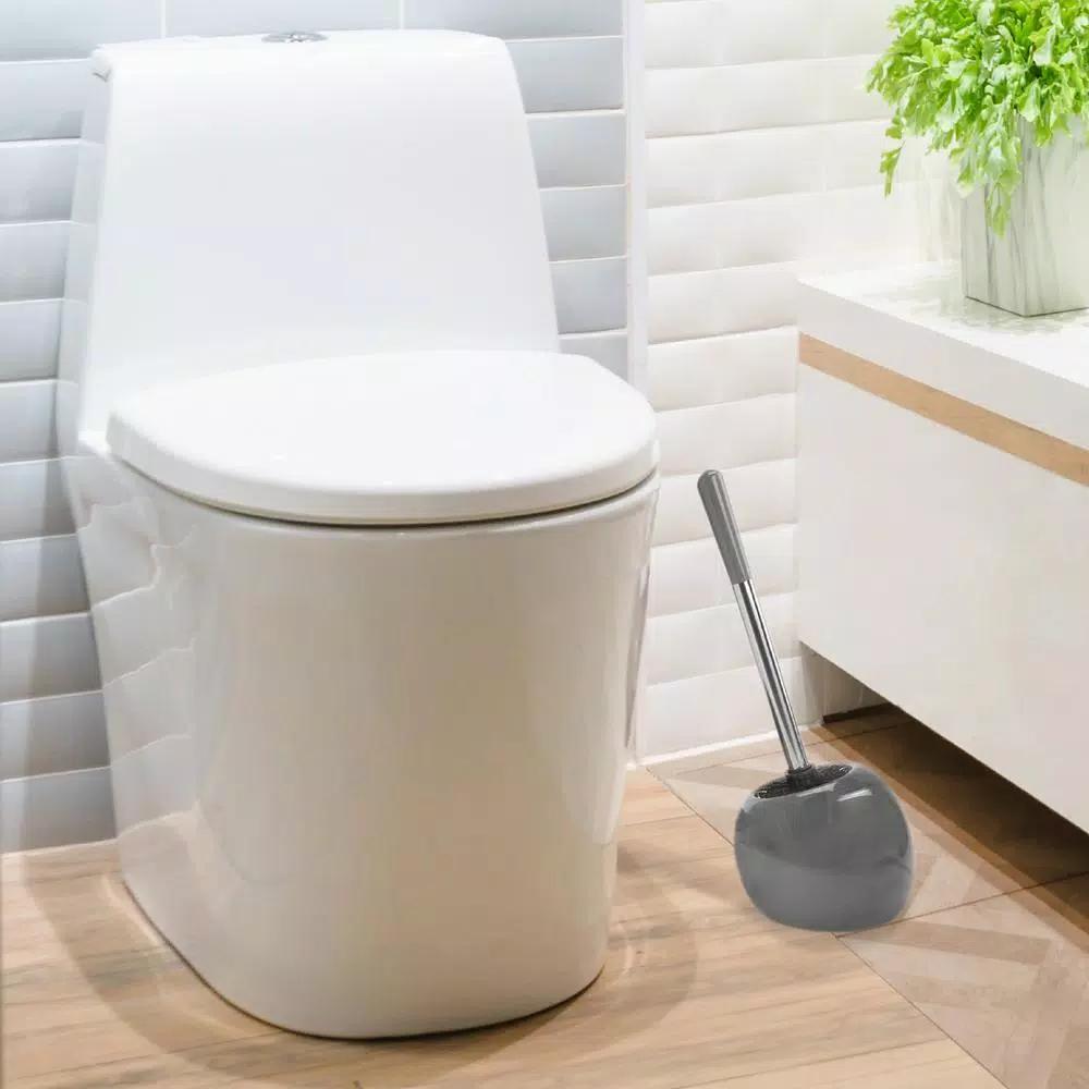 Bath Bliss 14 in. Ceramic Dome Toilet Brush and Holder Set with Stainless Steel Handle, Grey