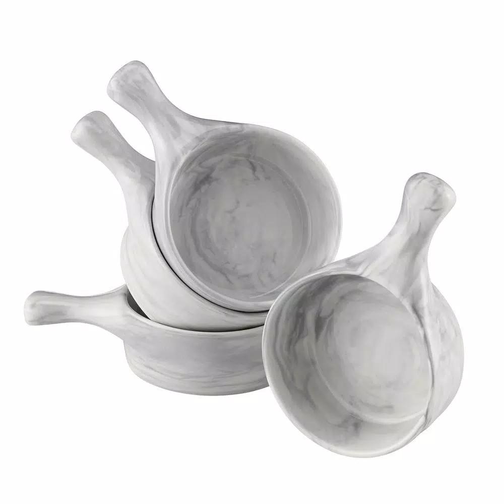 Over and Back 6 oz. Marble Grey Porcelain Handled Serving Bowls, Set of 4
