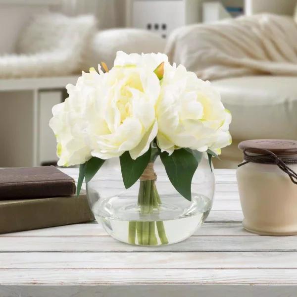 Pure Garden 8 in. Cream Rose Artificial Floral Arrangement in Glass Vase