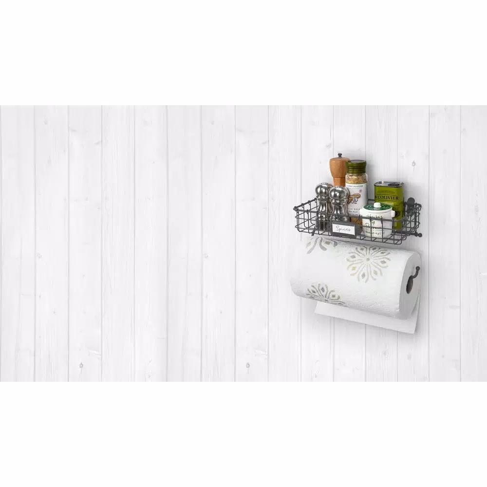Spectrum Vintage Living Wall Mount Basket with Paper Towel Holder, Industrial Gray Steel