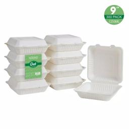 Unbranded 9 in. White Sugarcane Clamshell Containers, 300 Pack - Eco-Friendly & Compostable thumbnail 2