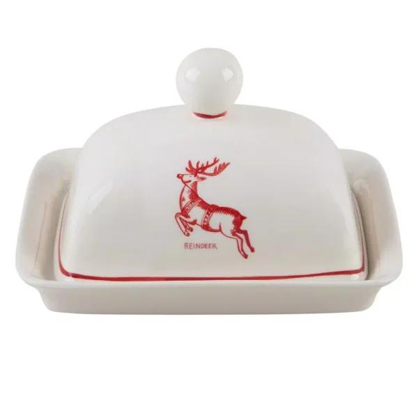 Molly Hatch Reindeer Stoneware Butter Dish, 6.75 in. Oval Holiday Serving Dish