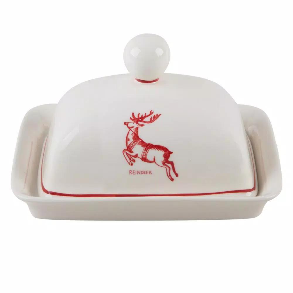 Molly Hatch Reindeer Stoneware Butter Dish, 6.75 in. Oval Holiday Serving Dish