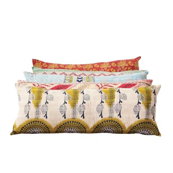 3R Studios Vintage Multicolor Cotton Kantha Quilt Lumbar Pillow - Abstract Art Deco Style