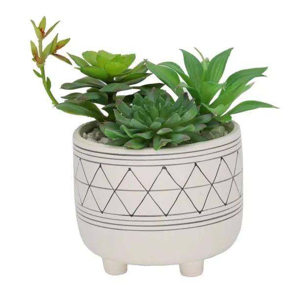 Flora Bunda 6 in. White and Black Geometric Ceramic Footed Planter with Faux Succulent Mix