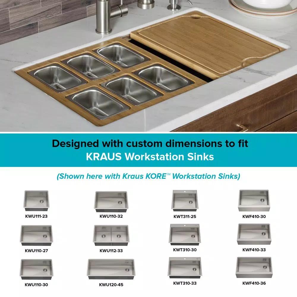 Kraus Workstation Kitchen Sink Accessory Set with Bamboo Serving Board and 6 Stainless Steel Prep Bowls