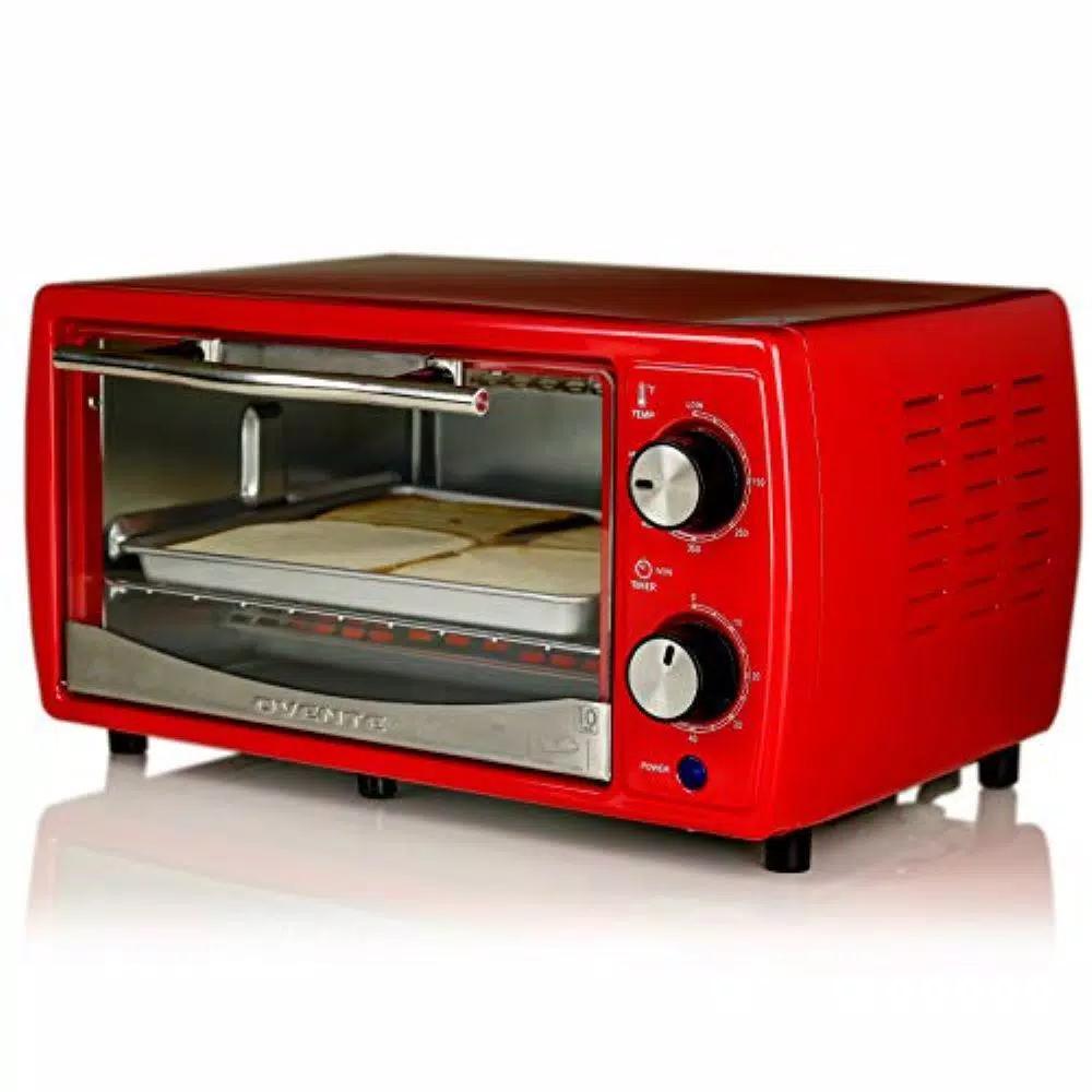 Ovente 700W 4-Slice Electric Toaster Oven with 9.5L Capacity, Timer, and Tempered Glass Door - Red