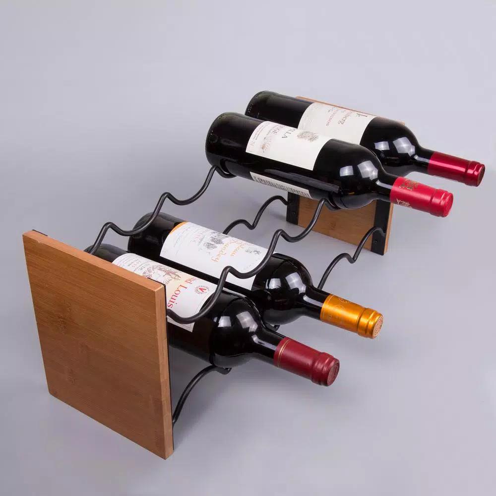 Creative Home Acacia Wood and Black Iron Wine Rack - 9 Bottle Capacity Tabletop Wine Holder
