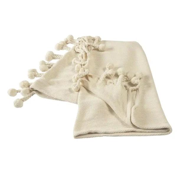LR Home Cream Cotton Chevron & Herringbone Embroidered Braided Throw Blanket